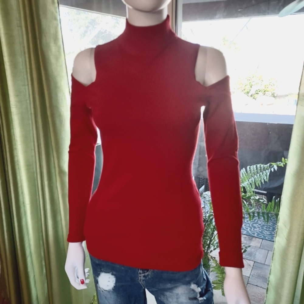Cache' Red Mock Turtleneck Cold Shoulder Sweater. Gem